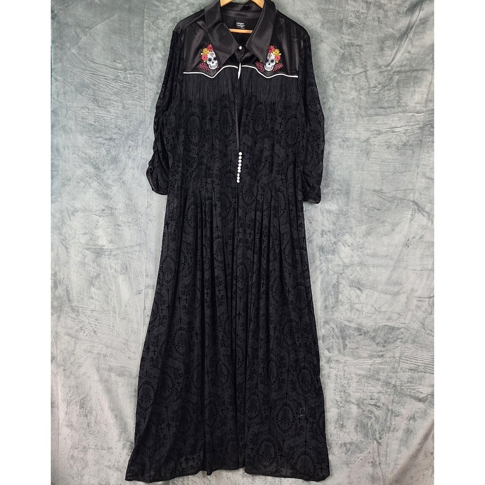 Unique Vintage Duster Cardigan 5X Black Whimsigoth Velvet Burnout Western Fringe